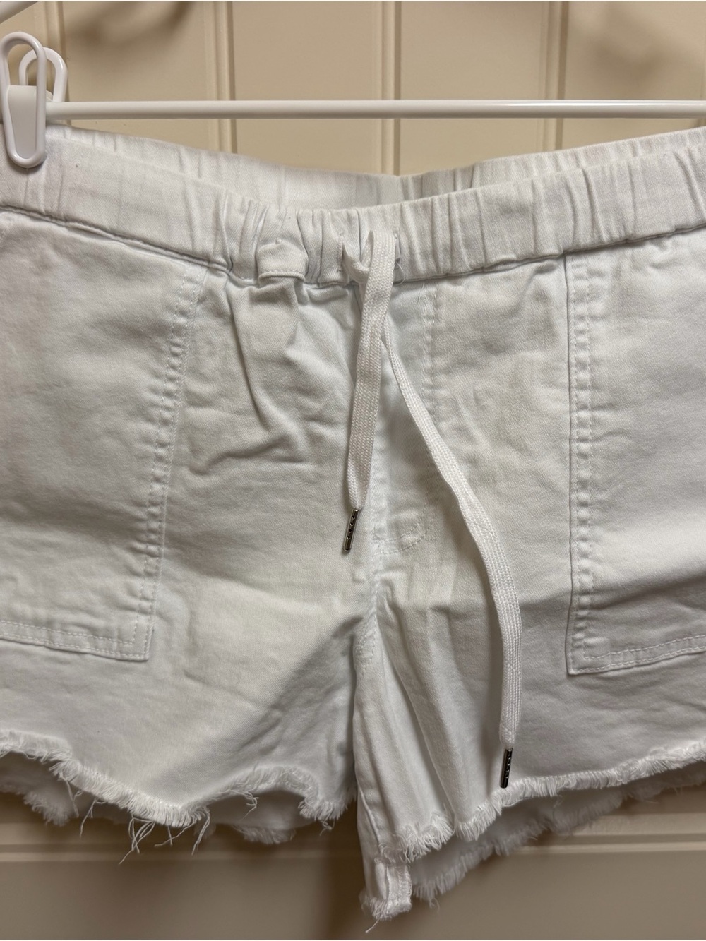 YMI White High-Rise Drawstring Frayed Hem Shorts